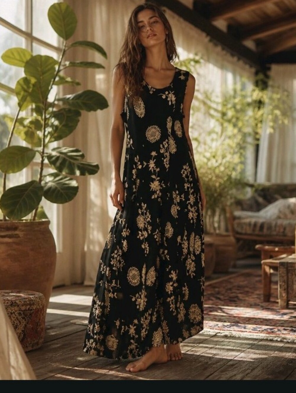 American Age Black Maxi Dress with Cream Floral Print